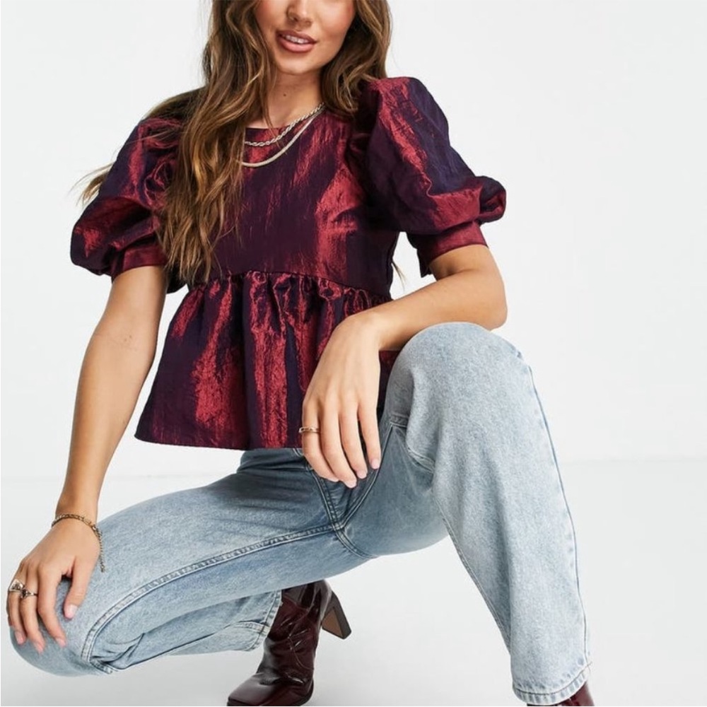 ASOS DESIGN short sleeve taffeta top with puff sleeves in wine